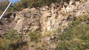 안동시 임동면 마령리 산 182, 지방도 제935호선 마령교 전면에 드러난 동화치층 알코스질사암층 흑색 셰일