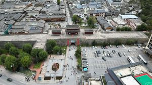 Aerial perspective of the Songpan Ancient City walls and fort. October 2023.