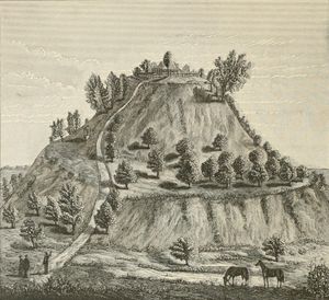 1882년 몽크스 마운드의 삽화. 상상력을 동원하여 과장된 비율로 묘사하고 있다.