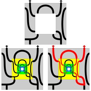 프랙탈 미로(상단)는 3번 반복(왼쪽)과 솔루션(오른쪽)