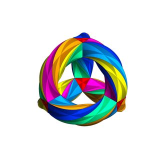 그렉 에건의 애니메이션. 정사면체 대칭성을 가진 형태로 시작하여 안쪽으로 뒤집혀 추가적인 대칭성을 보여주는 클라인 4차 곡선의 3차원 임베딩을 보여준다.