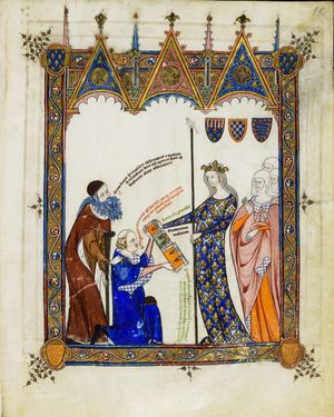 류이와 그의 제자 토마스 르 미예지에르가 프랑스 여왕에게 세 권의 선집을 바치는 모습