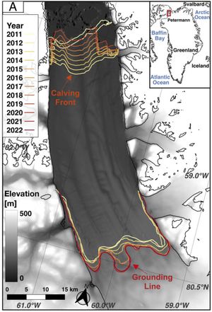 페터만 빙하는 단순히 쇄빙 전선뿐만 아니라 접지선에서도 매년 현저한 변화를 겪고 있으며, 이로 인해 불안정해지고 있다.