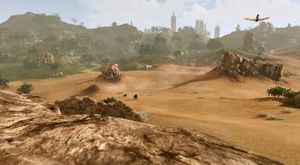 글라이더를 사용하는 플레이어가 있는 전형적인 게임 내 풍경 (오른쪽 상단 코너).