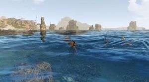 바다에서 수영하는 전형적인 게임 내 장면.