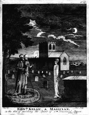 오컬티스트 존 디와 에드워드 켈리가 "사망한 자의 영을 불러내는 행위"를 묘사한 판화; 이베네저 시블리의 점성술 (1806)에서 발췌