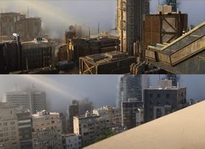 영화 예고편(위)은 2020년 베이루트 폭발(아래)의 영상을 시각 효과 합성 샷으로 사용한 것에 대해 비판을 받았다.