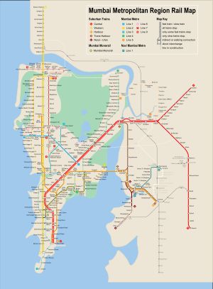 뭄바이의 모든 철도 노선(메트로, 모노레일, 교외 노선 포함)을 보여주는 지도