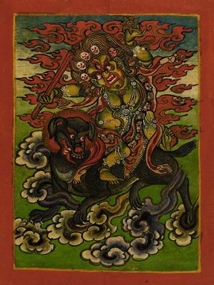 회색 개 위의 다키니, 닝마파 불교 또는 본교 의례 카드; 18세기 또는 19세기, 종이에 수채 물감, 14 × 11 cm, 로스앤젤레스 카운티 미술관