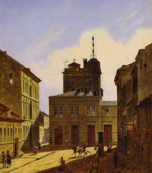 1832년과 1848년 사이의 옛 베를린 천문대 타워, 광학 전신의 신호 마스트. F.&nbsp;W.&nbsp;클로제의 서쪽에서 본 모습