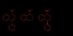 골격 구조식 티오틱센, 로메트랄린, 타메트랄린의 골격 구조로, 설트랄린이 파생되었습니다. 설트랄린 구조의 공통점은 빨간색으로 강조 표시되어 있습니다.