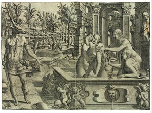 장 미뇽의 에칭 아크타이온의 변신 (1550년대). 아크타이온은 세 번 등장하며, 마지막에는 사냥개에게 죽임을 당한다.