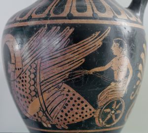 에트루리아 문명의 오이노코에(기원전 370년경)에 등장하는 히아킨토스가 아폴론(미등장)을 백조가 끄는 비가에서 만나는 모습