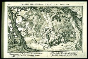 "테레우스에 의한 필로멜라의 강간", 6권, 59페이지. 요한 빌헬름 바우어가 오비디우스의 변신 이야기 1703년판을 위해 새김