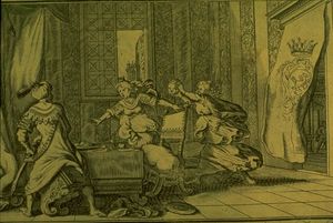 오비디우스의 변신 이야기 (6권:621–647)의 1703년 판을 위해 바우어가 새긴, 이티스의 잘린 머리를 아버지 테레우스에게 보여주는 필로멜라와 프로크네