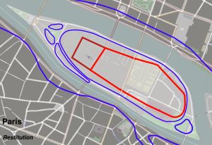 3세기 성벽(빨간색)과 고대 강둑(파란색)