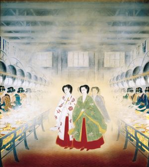 세이토쿠 기념 회화관 벽화 『도미오카 제사 공장 행계』(아라이 칸포 筆) 메이코 황후(좌)와 에이쇼 황태후(우)가 여공들의 작업을 보는 장면.