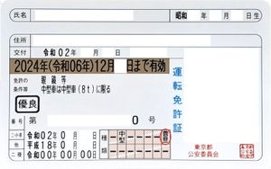 보통자동이륜차}} 면허가 표시된 일본 운전 면허증 샘플