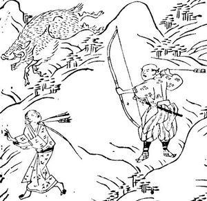 『숙직초』에 실린 네코마타 이야기. 사냥꾼이 자기 어머니로 둔갑한 네코마타를 활로 쏘는 장면.