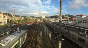 오른쪽의 도부 철도 승강장과 왼쪽의 동일본 여객철도 승강장을 보여주는 역의 모습, 2020년 9월