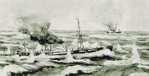 사쓰마 해군의 가스가마루(전경)와 도쿠가와 막부 해군의 가이요마루 (배경) 간의 아와 해전에서의 교전.