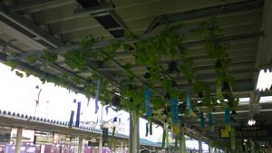 여름의 연례 행사가 된 역 플랫폼의 남부 철기 풍경 장식