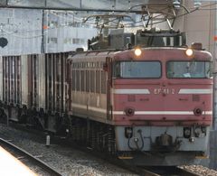 EF81 2JR 화물 소속의 갱신 공사 시공기로 측면 하부 전주에 백선을 두름.(2008년 3월 29일 시마모토역)