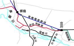 다치카와역 - 하이시마역 간의 구선(이쓰카이치 철도)과 현재의 오메선(오메 전기 철도)의 경로를 나타낸 지도