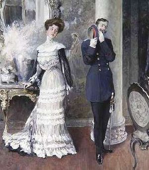 오스카 블룸(Oscar Bluhm)의 "피곤한 대화"라는 그림에서 병사가 여자 동반자 앞에서 하품을 숨기고 있다.