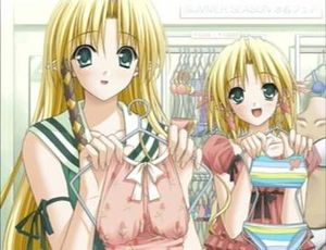 셔플! 온 더 스테이지에 등장하는 카레하와 츠보미의 CG 아트 장면. 이 스크린샷의 경우, 시각 소설의 일반적인 특징인, 그림을 방해 없이 볼 수 있도록 텍스트가 숨겨져 있다.