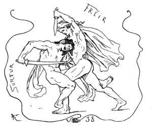 로렌츠 프뢸리히의 삽화(1895년)로 그려진 라그나로크에서의 수르트와 프레이르의 전투