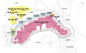 2018년까지의 월성 주변 유적 조사를 위한 구획 지정 상황.