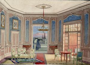 피에트로 스트로파가 디자인한 오페라 라 비아 델라 피네스트라 1막의 무대 스케치 우나 리카 살라 알 프리모 피아노 넬 빌리노 디 레나토 (1919).