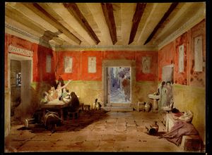 주세페 팔란티가 디자인한 오페라 멜레니스 1막의 무대 스케치 라 타베르나 디 사투르니노, 넬라 수부르라 (1912).