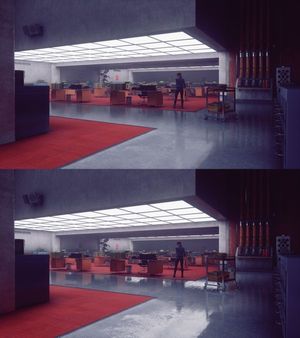 컨트롤은 실시간 광선 추적을 지원하는 초기 게임 중 하나이다. 하단의 광선 추적을 켠 이미지는 상단의 전통적인 렌더링 버전과 비교하여 대리석 바닥에 빛과 다른 표면의 반사를 보여준다.