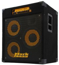 A portable bass amplifier/speaker cabinet is shown. This Markbass brand unit has three ten-inch loudspeakers.