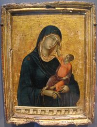 아기와 함께 있는 마돈나, 아기가 성모의 베일을 만지고 있다