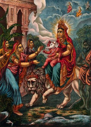 사자 위에 탄 파르바티와 그녀의 아들 가네샤