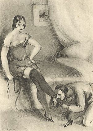 종속적인 남자가 여성의 발을 숭배하는 모습, Dresseuses d'Hommes (1931)에서