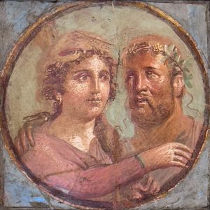 옴팔레와 헤라클레스 묘사 프레스코화, 서로의 옷을 입고 있음