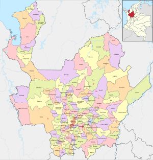 안티오키아주 지도. 각 시의 시청 소재지는 빨간 점으로 표시되어 있다.