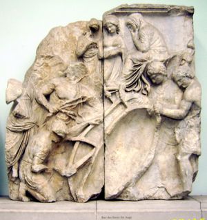 아우게를 바다로 보내기 위해 배를 짓는 목수들. 페르가몬 제단의 일부.