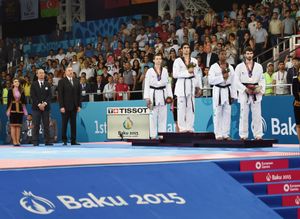 2015년 유러피언 게임 시상식 당시의 베이기(왼쪽에서 두 번째 선수). 초대 유러피언 게임인 이 대회에서 금메달을 획득하였다.