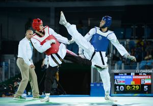 2016년 올림픽 당시 이란의 메흐디 호다바흐시와 대결하고 있는 베이기(파란색 호구 착용 선수)