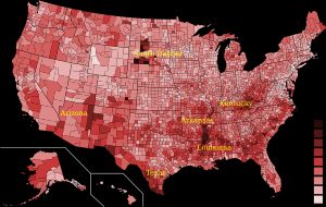 미국 카운티별 빈곤율 지도. 미시시피 델타와 같이 흑인 인구가 많은 지역은 미국의 높은 빈곤율을 보이고 있다.