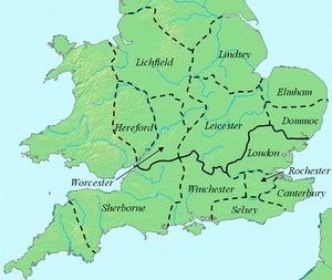 오파 통치 기간 동안 잉글랜드의 교구. 리치필드와 캔터베리의 대교구 경계는 굵게 표시되어 있다.