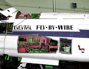 플라이 바이 와이어 시스템(녹색)과 아폴로 유도 컴퓨터를 갖춘 NASA F-8 크루세이더