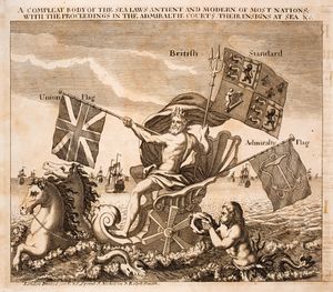 알렉산더 저스티스, 새뮤얼 페피스, 조시아 버처트 공저, 해양 지배에 관한 일반 논문 표지에 등장하는 소라를 부는 트리톤, 1710년