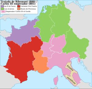 881년 카롤링거 왕국 내 보소의 왕국(주황색)