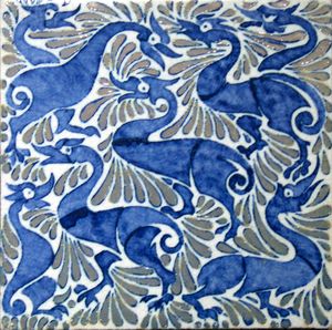 윌리엄 드 모건, 광택 하이라이트가 있는 6인치 타일의 환상적인 오리, 풀럼 시대